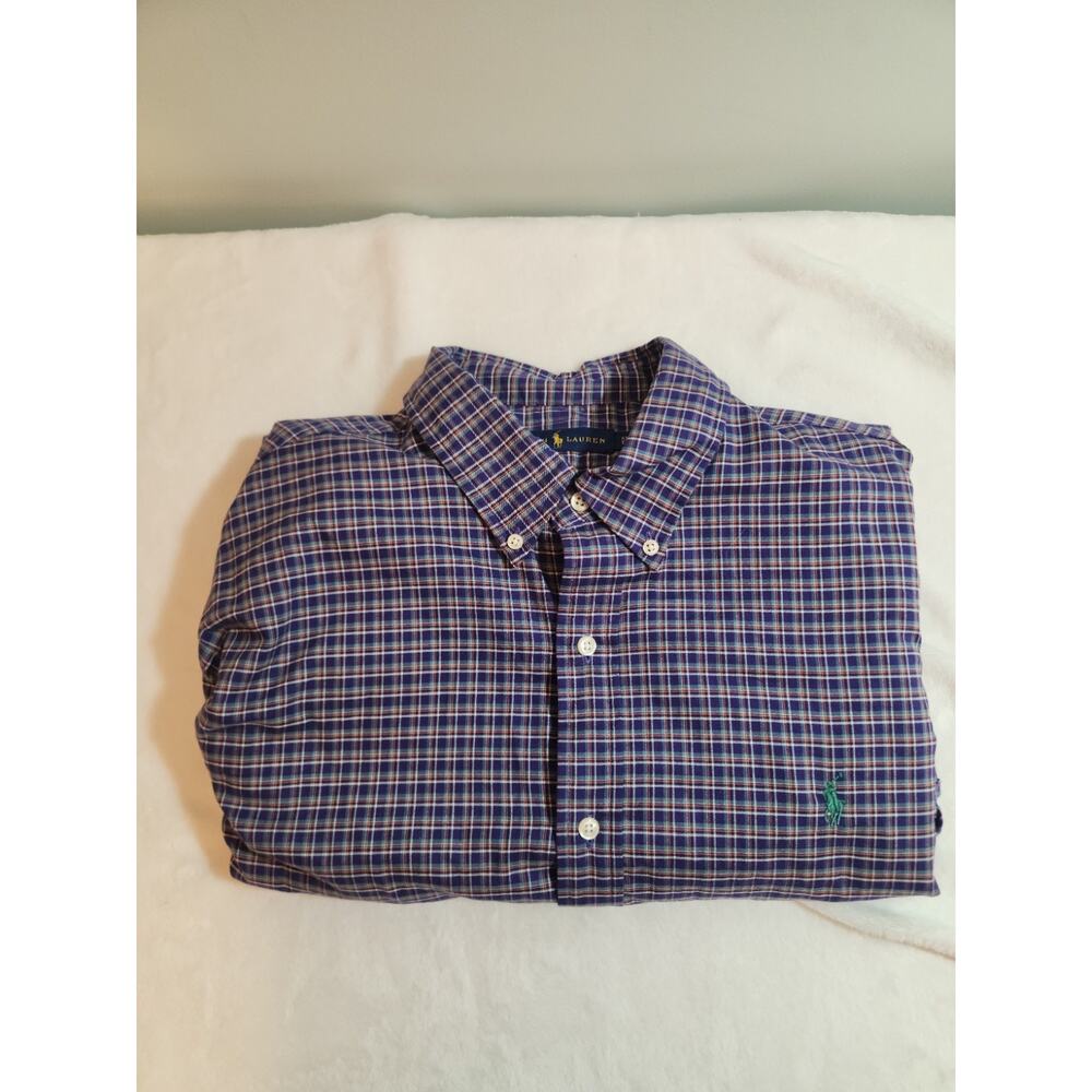 Ralph Lauren 100% Cotton Shirt 2XL XXL Purple Plaid Pony Short Sleeve